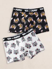 TOM & JERRY X SHEIN 青少年男孩字母腰带卡通印花休闲内裤 - 黑與白 - 查看 1