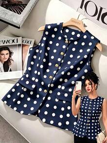 GlowEve CURVE Plus Size Women Round-Necked Fitted Sleeveless Suit Vest,Polka Dot Blazer Elegant Business Casual Blazer Spring/Summer Blazer - Navy Blue - View 1