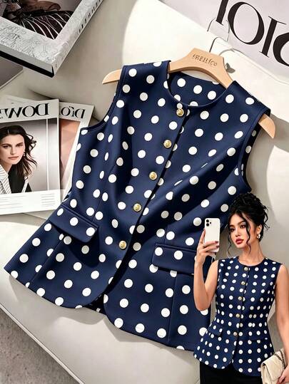 GlowEve CURVE Colete de fato ajustado sem mangas com gola redonda para mulher plus size, blazer elegante casual de negócios com bolinhas, primavera/verão