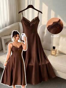 Cravure Plus Size Women's Satin & Contrast Lace Spaghetti Strap Cinched Waist Elegant Formal Dress - Brown - View 1
