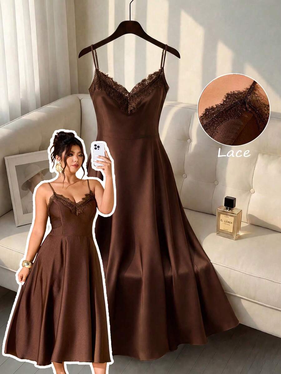 Cravure Plus Size Women's Satin & Contrast Lace Spaghetti Strap Cinched Waist Elegant Formal Dress - Brown - View 1