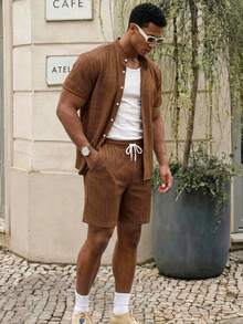 Manfinity EZcore Plus Size Men's Coffee Brown Summer Casual Short Sleeve Shirt And Shorts Set,Beach Holiday Vacation Outfit,Hawaii Tropical Solid Color Bathing Suit - Brown - View 3