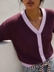 Nöista Ribbed Knit Cardigan In Burgundy With Purpple Contrast Trim, V-Neck, Button Front. Autumn Layering, College, Office, Chic, Cozy Fall. Winter Clothes.. - Rose Red - View 4
