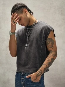 PAVTROS Men's Summer Casual Fashion Street Style Western Cowboy Vacation Style Rivet Decor Washed Loose Tank Top - Black - View 3