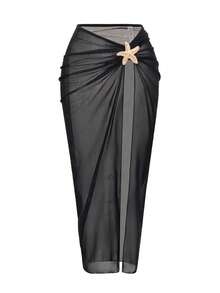 SHEIN Swim Setelan 2 Potong Wanita untuk Liburan Pantai Musim Semi/Panas, Seksi, Liburan Tropis, Pesta Tepi Laut, Gaun Maxi Satu Potong dengan Belahan dan Tali Bahu Tipis, Warna Hitam - Hitam - View 7