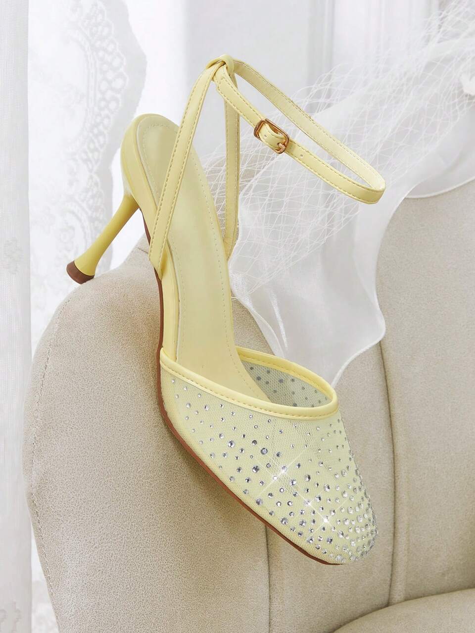 CUCCOO HITCHD Women's New French Fashion Yellow Mesh Rhinestone Stiletto High Heel Elegant Versatile Fairy Style Sandals Fall Shoes