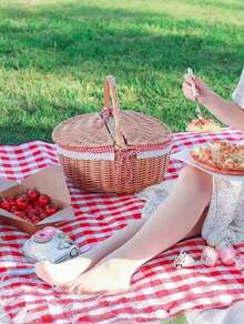 1pc Handwoven Wicker Picnic Basket – Double Lid Storage Hamper With Handle, Natural Willow Fruit Basket For Camping, Shopping, Wedding Decor, Farmhouse Storage - multicolor - View 9