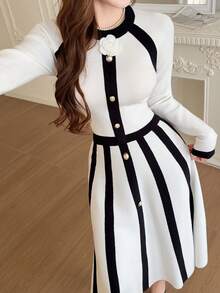 Feyla Women's 3D Floral Decor Colorblock Long Sleeve Top And Skirt Knit Set - Multicolor - View 6