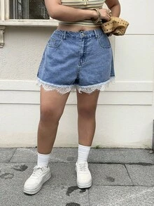 Muchica 大尺碼夏季休閒蕾絲拼接牛仔短褲 - 藍色 - 查看 3