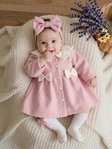 SHEIN Newborn Baby Girls Petal Collar Dress Cute Sweet Pink Bow Decor Pearl Buttons Long Sleeve Round Neck Thick First Birthday Fall Cozy Princess Solid - Pink - View 6