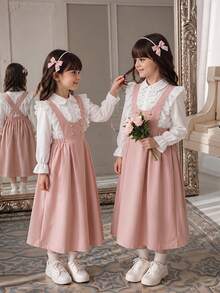SHEIN Girls Arabic Elegant Princess School Uniform Ruffle Lace Blouse & Dress,Back-To-School,Cute,Vacation - Pink - View 6