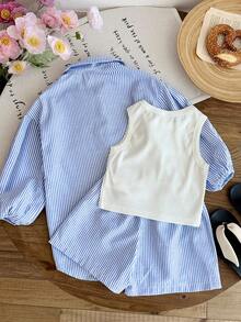 SHEIN LMoss Kids 3件套女童条纹宽松休闲衬衫、纯色针织背心和条纹短裤套装 - 藍白色 - 查看 2