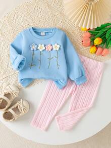 SHEIN Playful Pals 女嬰清新3D花卉刺繡運動衫套裝，春秋款親膚柔軟藍色3D花卉運動衫＋粉色羅紋長褲套裝，可愛百搭風格 - 藍色 - 查看 9