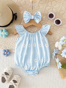 SHEIN Vintaside Kids 新生兒甜美雛菊荷葉袖連身褲與髮帶夏季款 - 淺藍色 - 查看 4