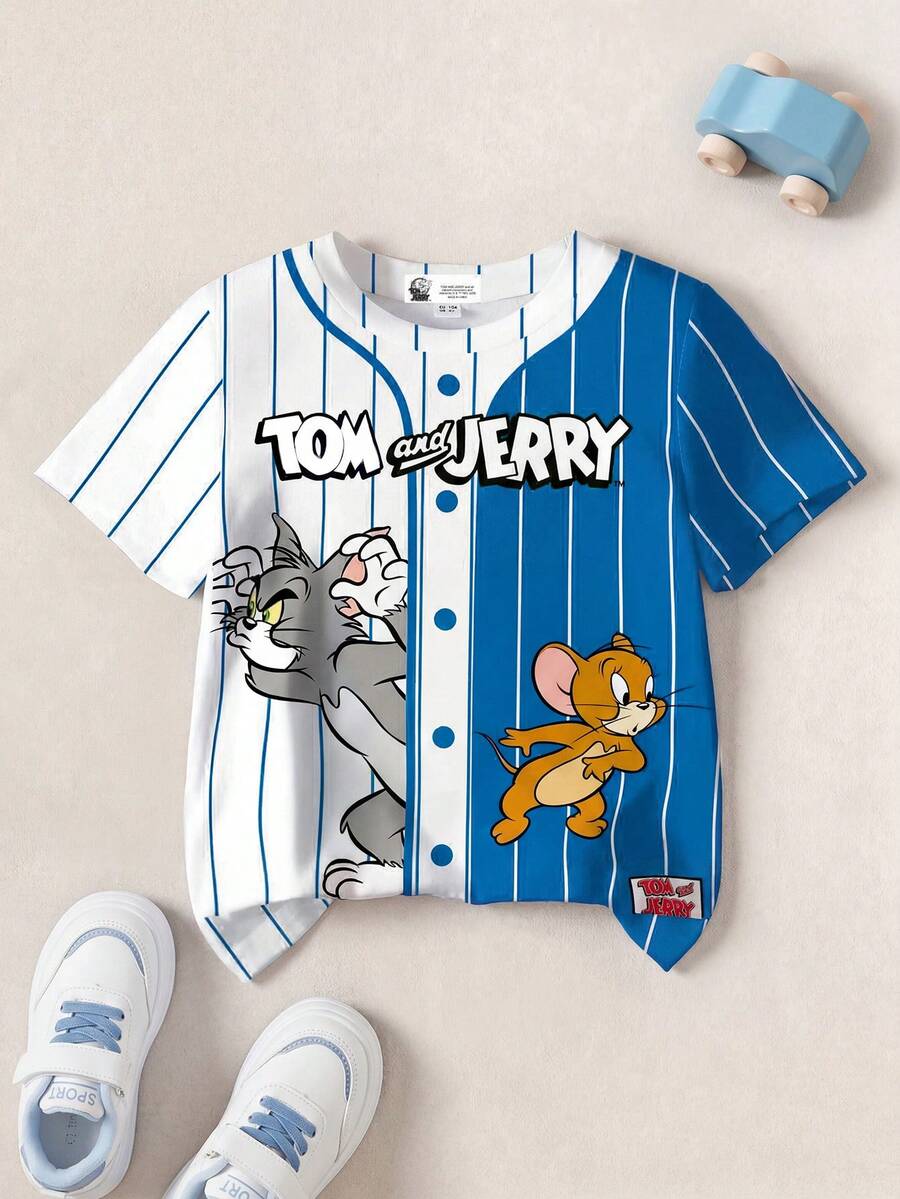 TOM & JERRY X SHEIN 男婴休闲撞色条纹卡通印花圆领短袖上衣,夏季 - 白色 - 查看 1