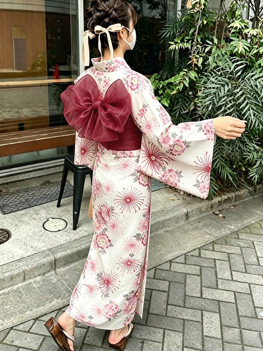 Irokai Japanese Traditional Summer Women's Kimono Yukata Accessories Obi Belt - Burgundy - View 1