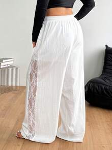 Coolane Plus Size Sweet Lace Patchwork Drawstring Waist Loose Wide Leg Long Pants - White - View 5