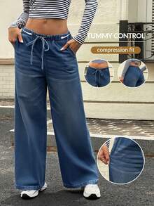 SHEIN Essnce Summer Casual Tummy Control Compression Fit High Waist Drawstring Wide Leg Flattering Daily Wear Comfortable Jeans For Women Everyday Night Out Blue - Dusty Blue - View 1
