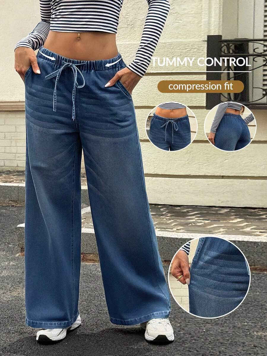 SHEIN Essnce Summer Casual Tummy Control Compression Fit High Waist Drawstring Wide Leg Flattering Daily Wear Comfortable Jeans For Women Everyday Night Out Blue - Dusty Blue - View 1