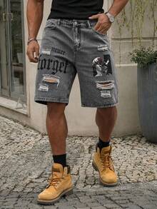 Manfinity EZcore Plus Size Men's Letter Print Pocket Distressed Denim Shorts - Grey - View 4