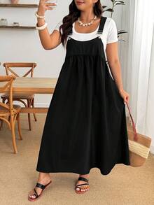 SHEIN PETITE CURVE Plus Size Loose Black Spaghetti Strap Dress, Suitable For Apple And Curvy Body Types - Black - View 6