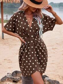 Wandoria Women's V-Neck Ruched Waist Layered Ruffle Cap Sleeve Short Sleeve Romantic Polka Dot Coffee Brown Base Short Dress French Elegant Sophisticated Formal Office Commute Casual Beach Vacation Beach Style Minimalist Afternoon Tea Party Home Leisure Comfortable Bohemian Style Summer Dress - Coffee Brown - View 4