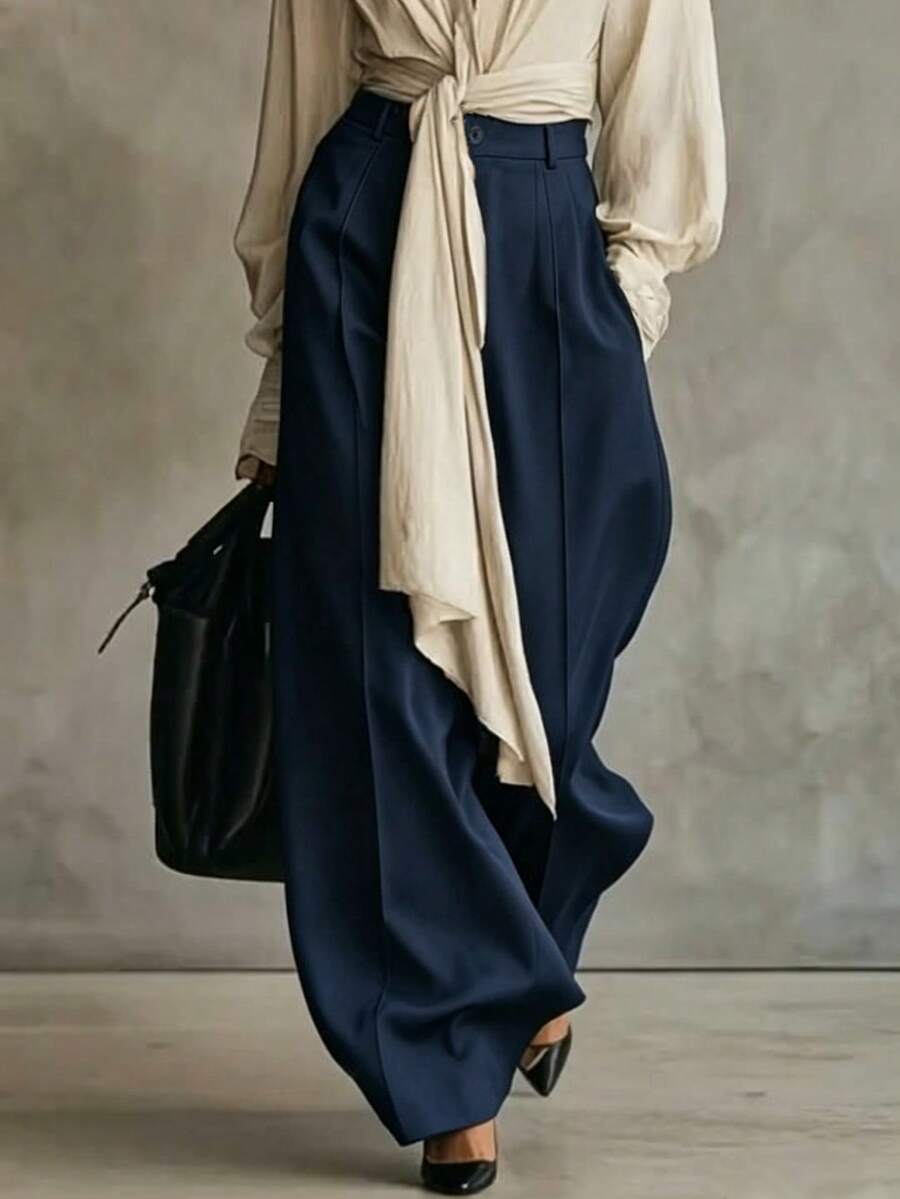 Franclia Pantalones casuales para uso diario de mujer con diseño de rayas de <<palillo de dientes» de unicolor - Azul Marino - Ver 1