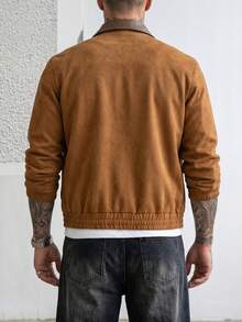 Manfinity Homme 男士素色麂皮飛行員夾克，全拉鍊休閒外套，復古人造皮革外衣 - 棕色 - 查看 2
