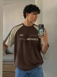 SWAVVY Camiseta de manga raglán con cuello redondo y estampado de letras de color contrastante, casual de verano para hombres - Marrón - Ver 4