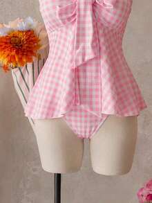 Swim Mod Conjunto de 2 piezas de ropa de playa para mujer primavera/verano, top de tirantes ajustables con lazo y braguita de bikini, estampado aleatorio de cuadros en tonos pastel multicolor, estilo moderno, lindo y sexy, para vacaciones, playa, piscina y fiesta - Multicolor - Ver 6