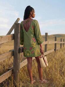 CAJUNI 女款花卉刺繡圖案休閒派對與旅行洋裝 - 橄欖綠 - 查看 2