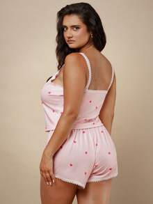 SHEIN BAE CURVE 加大码女士爱心印花蕾丝边蝴蝶结吊带背心和短裤睡衣套装，粉色 - 粉色 - 查看 2
