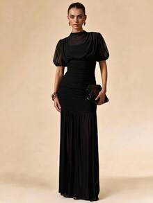 SHEIN BAE Spring/Summer Solid Black Wrap Shawl Elegant Sheer Slim Fit Ruched Extra Long Mesh Dress, Dinner, Bridesmaid, Women's Tea Party, None - Black - View 7