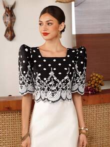 Zaforene Women's Polka Dot Floral Embroidered Pattern Casual Vintage Elegant Daily Wear Garden Party Tea Party Anniversary Blouse Black White Autumn - Apricot - View 8