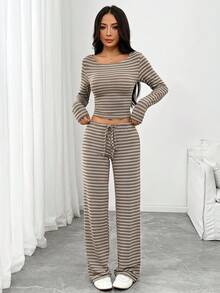 SHEIN PETITE Women's Striped Long Sleeve T-Shirt And Pants Casual 2 Pieces Set - Brown - View 8