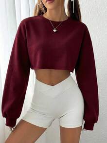 SHEIN EZwear 女款休閒百搭純色短版運動衫 - 酒紅色 - 查看 4