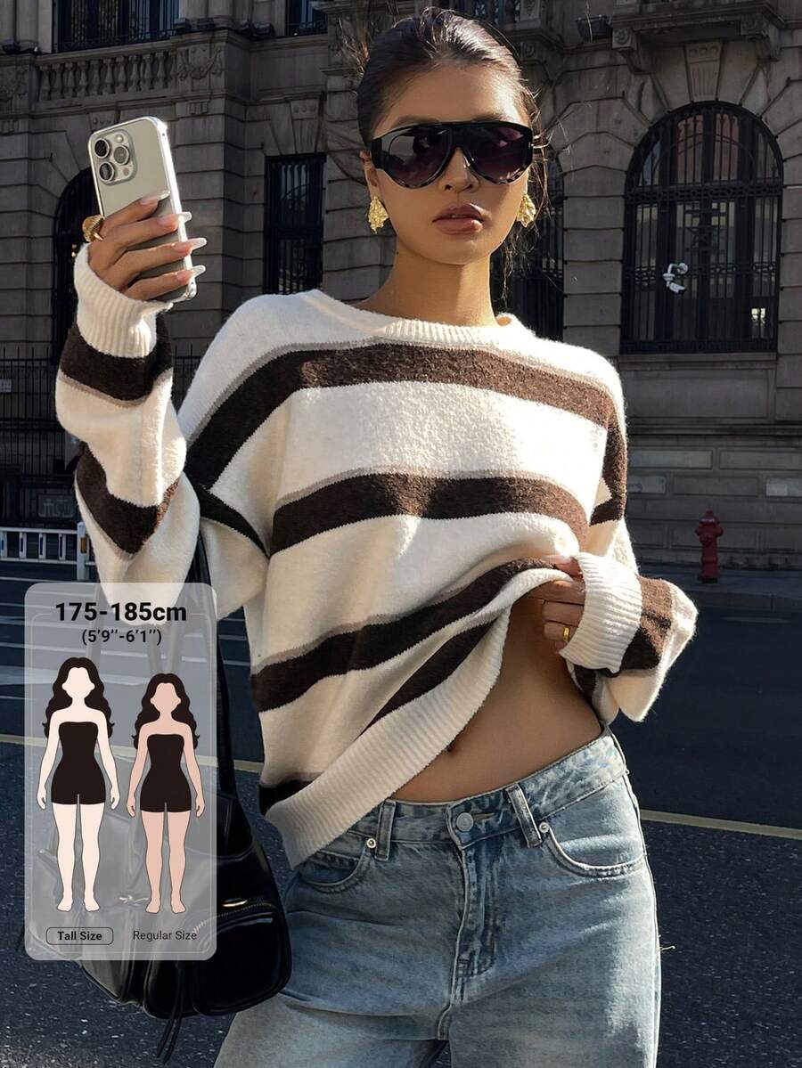 Livesso Tall Sweater Kasual Wanita Lengan Panjang Longgar Bergaris Leher Bulat untuk Musim Gugur - Aprikot - View 1