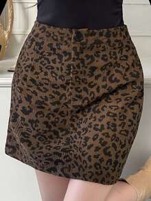 Dazy Tall Women's Leopard Print Short Corduroy Skirt Fall - Brown - View 4