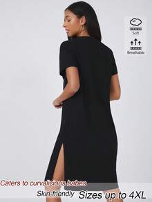 SHEIN BASICS Gaun Kasual Wanita Ukuran Besar Warna Polos Leher Bulat Lengan Pendek Belahan Samping di Bagian Bawah - Hitam - View 2