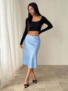 SHEIN PETITE Black High Waist Solid Color Skirt With Satin Texture Suitable For Dance And Daily Wear - Blue - View 6