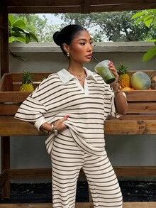 Muchica Women's Striped Drop Shoulder Sleeve T-Shirt And Pants Casual 2-Piece Set - Brown - View 1