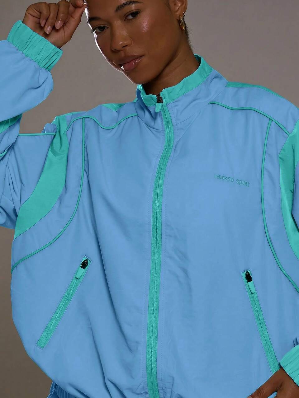 Contrast Oversized Wind Breaker Funnel Neck Jacket Sports Workout Gym Girly Pilates Fitness