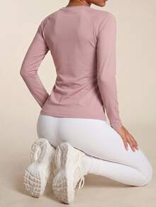 SHEIN BAE 1pc Women's Solid Color Round Neck Long Sleeve Casual Fitness Sports T-Shirt - Violet Purple - View 7