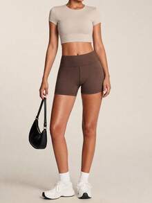 SHEIN BAE Áo thun thể thao nữ tay ngắn hở lưng thiết kế xoắn - Màu Khaki - Xem 7