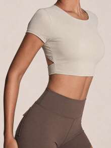 SHEIN BAE Áo thun thể thao nữ tay ngắn hở lưng thiết kế xoắn - Màu Khaki - Xem 5
