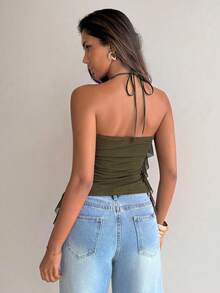 Aloruh Atasan Wanita Elegan Romantis Model Halter Neck dengan Ruffle Berlapis-lapis Warna Hijau Army untuk Liburan Pantai dan Kencan. - Hijau Tentara - View 2