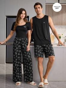 CoupledUp 男士純色刺繡愛心印花背心休閒睡衣套裝 - 黑色 - 查看 4