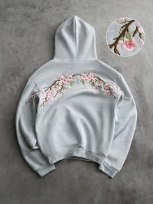 PAVTROS 男士花卉刺繡長袖休閒連帽衫 - 灰色 - 查看 3