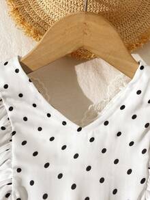 SHEIN Elladie kids 女童 2026 夏季新款黑色波點荷葉邊短袖 V 領收腰後蝴蝶結露背 A 字連身短褲，田園風時尚短版連身褲 - 黑與白 - 查看 5