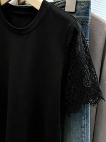 GlowEve CURVE Plus Size Women's French Elegant Gentle Style Contrast Lace Trim Short Sleeve Round Neck T-Shirt, Suitable For Minimalist Casual Wear, Daily Commute, Light Social Occasions - Black - View 5